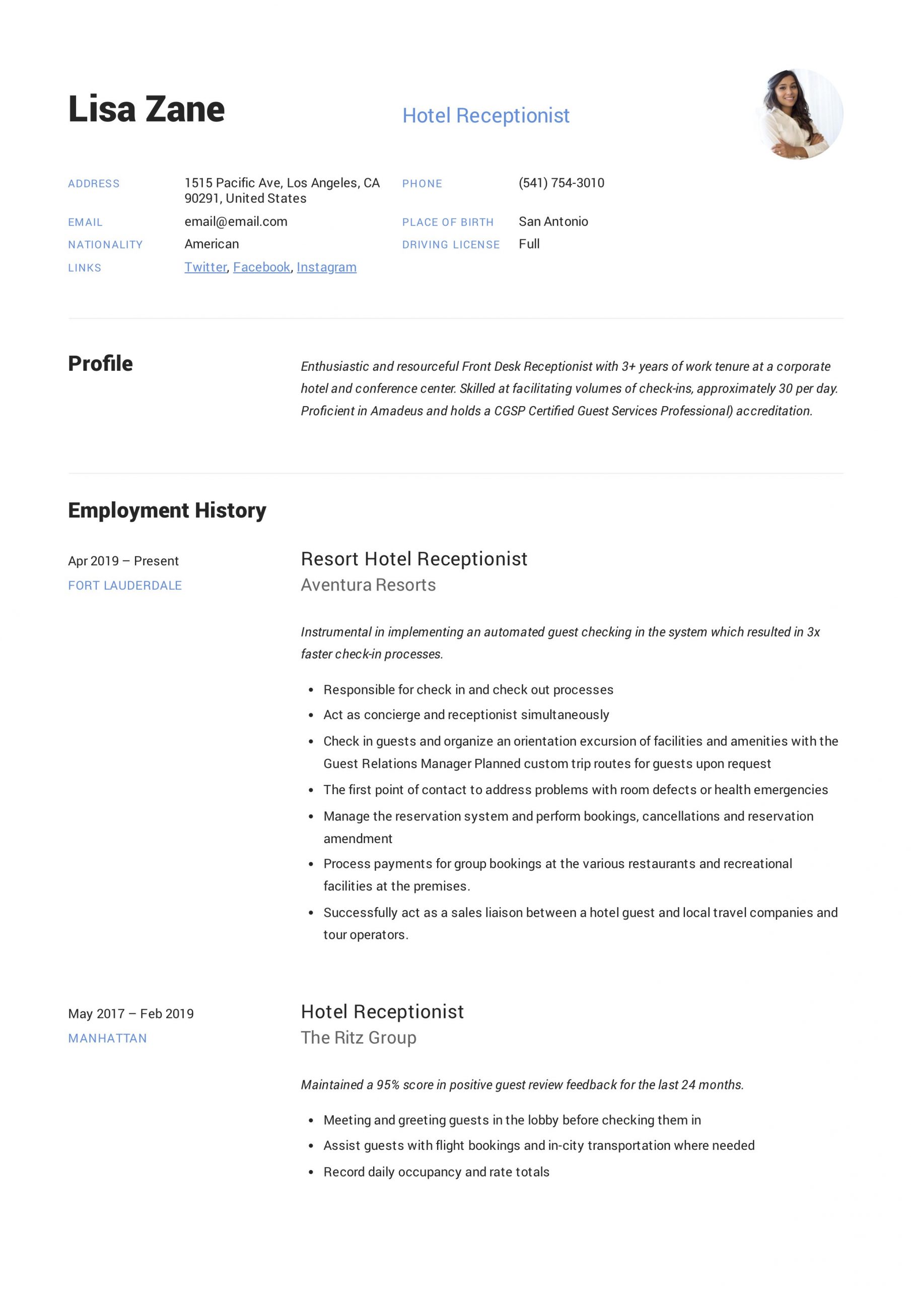 Resume Templates for Front Desk Receptionist Hotel Receptionist Resume & Writing Guide  12 Templates 2020