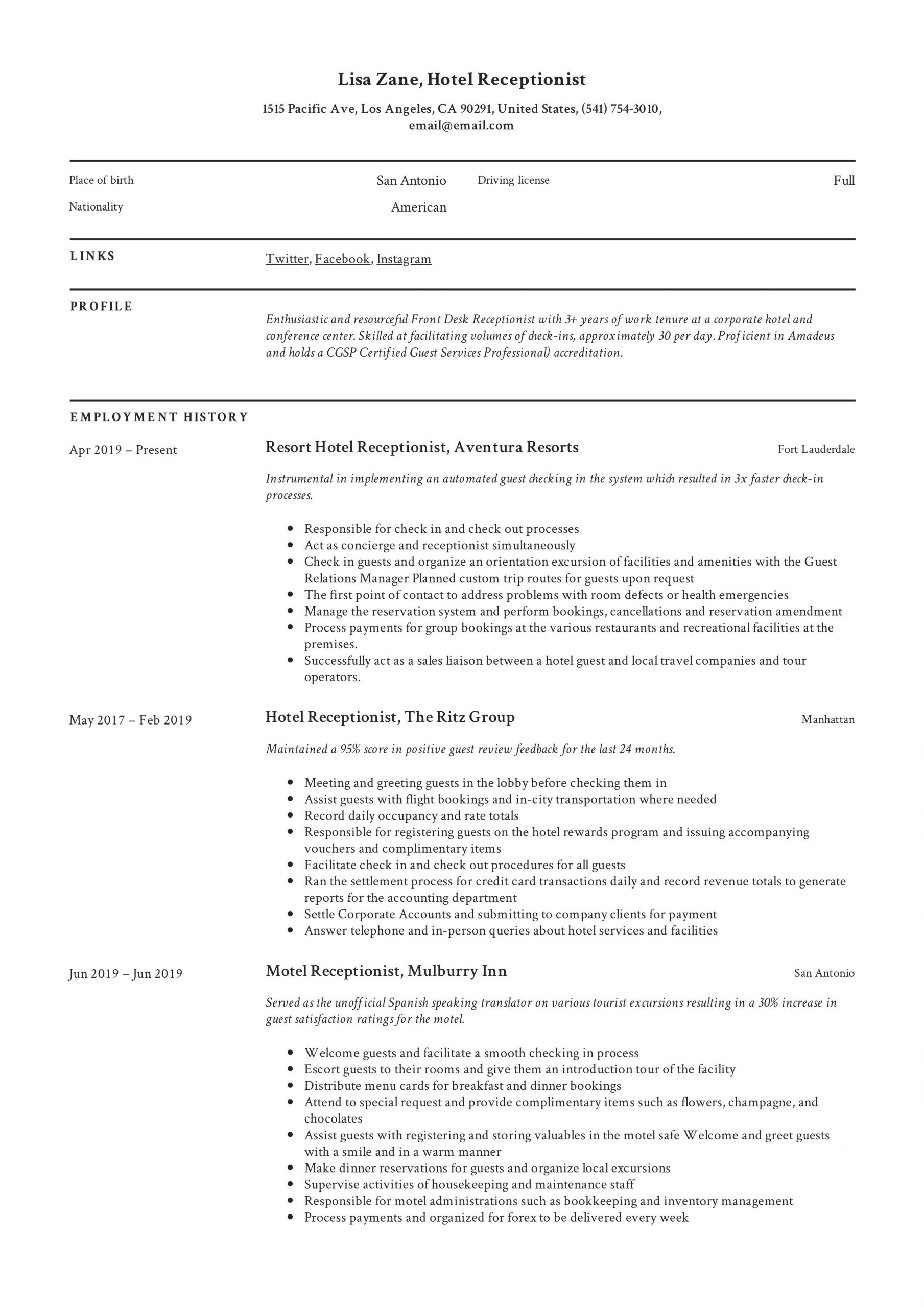 Resume Templates for Front Desk Receptionist Hotel Receptionist Resume & Writing Guide  12 Templates 2020