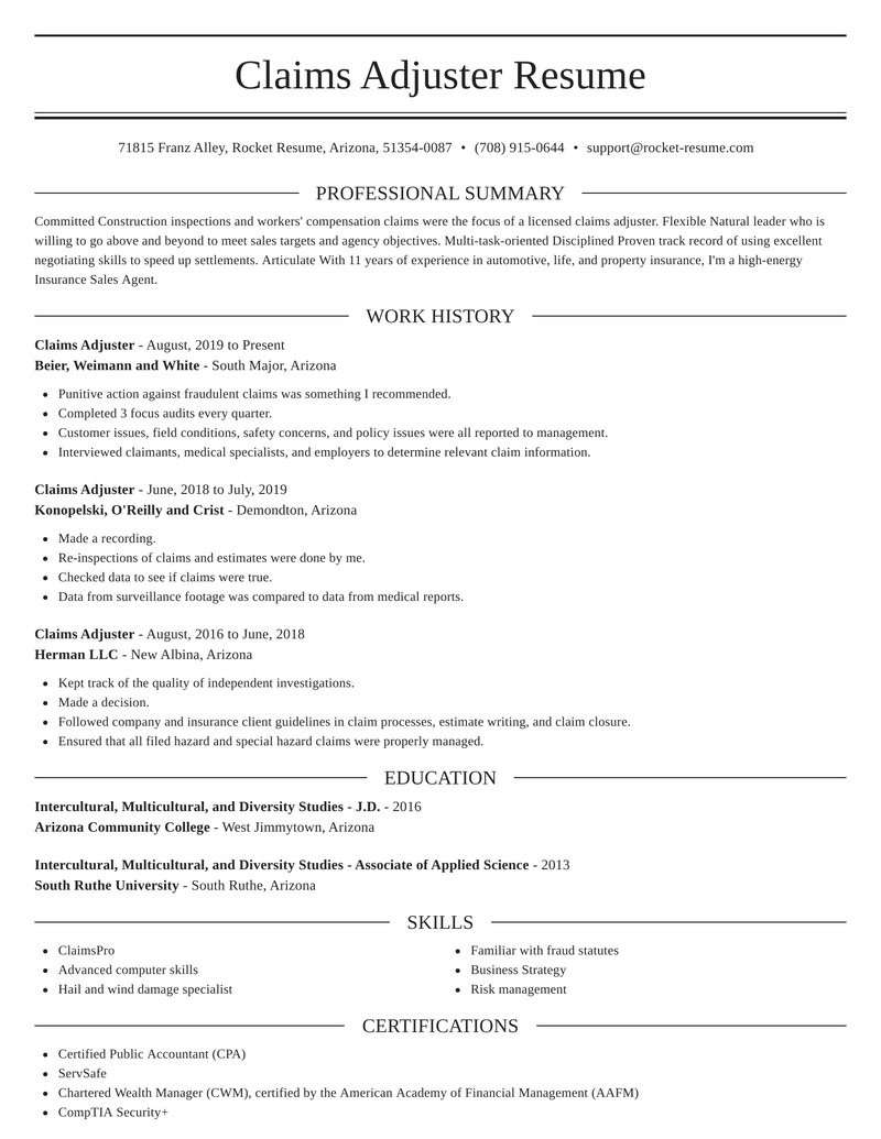 Resume Templates for Insurance Claims Adjuster Claims Adjuster Resume Generator & Example Rocket Resume