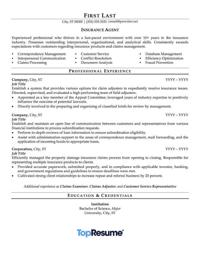 Resume Templates for Insurance Claims Adjuster Insurance Agent Resume Sample Professional Resume Examples …