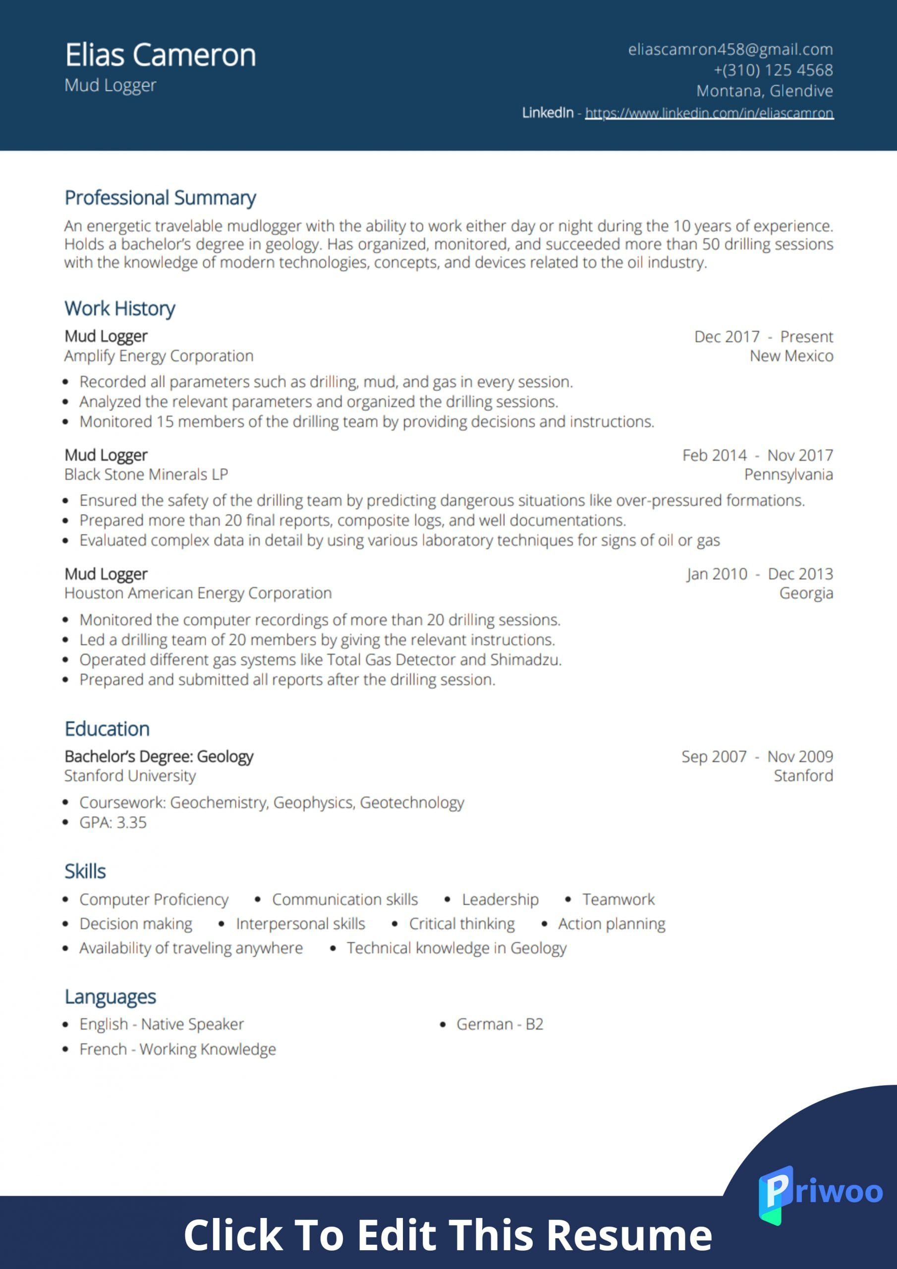 Resume Templates for Oil Field Jobs Mud Logger and Geologist Resume Example Priwoo