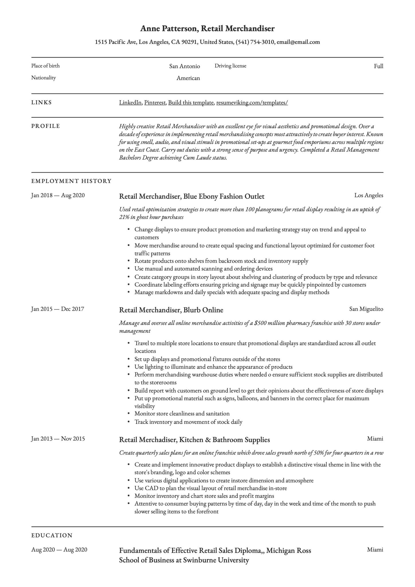 Ross School Of Business Resume Template Retail Merchandiser Resume & Writing Guide  17 Templates