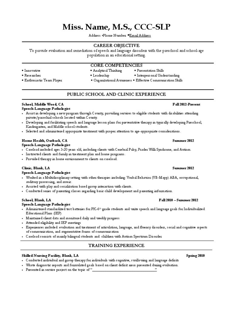 Sample Graduate School Resume Speech Language Pathology Sample Slp Resume