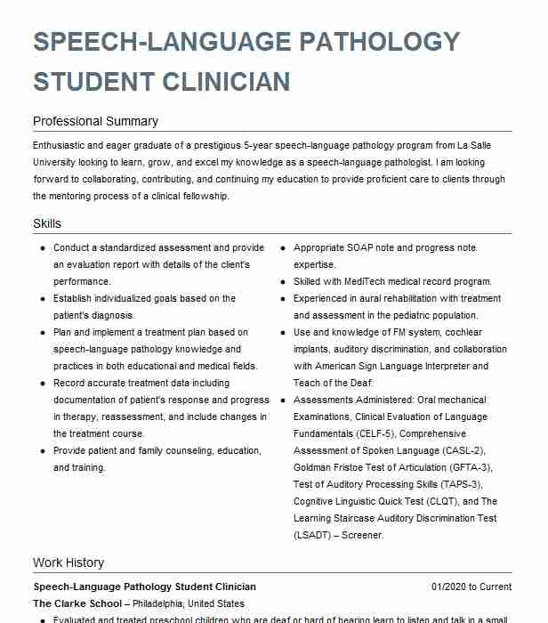 Sample Graduate School Resume Speech Language Pathology Speech Language Pathology Graduate Student Intern Resume