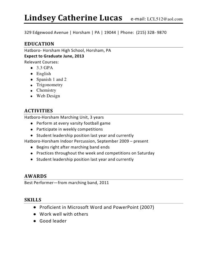 Sample High School Resume for First Job Resume format Resume format High School Student