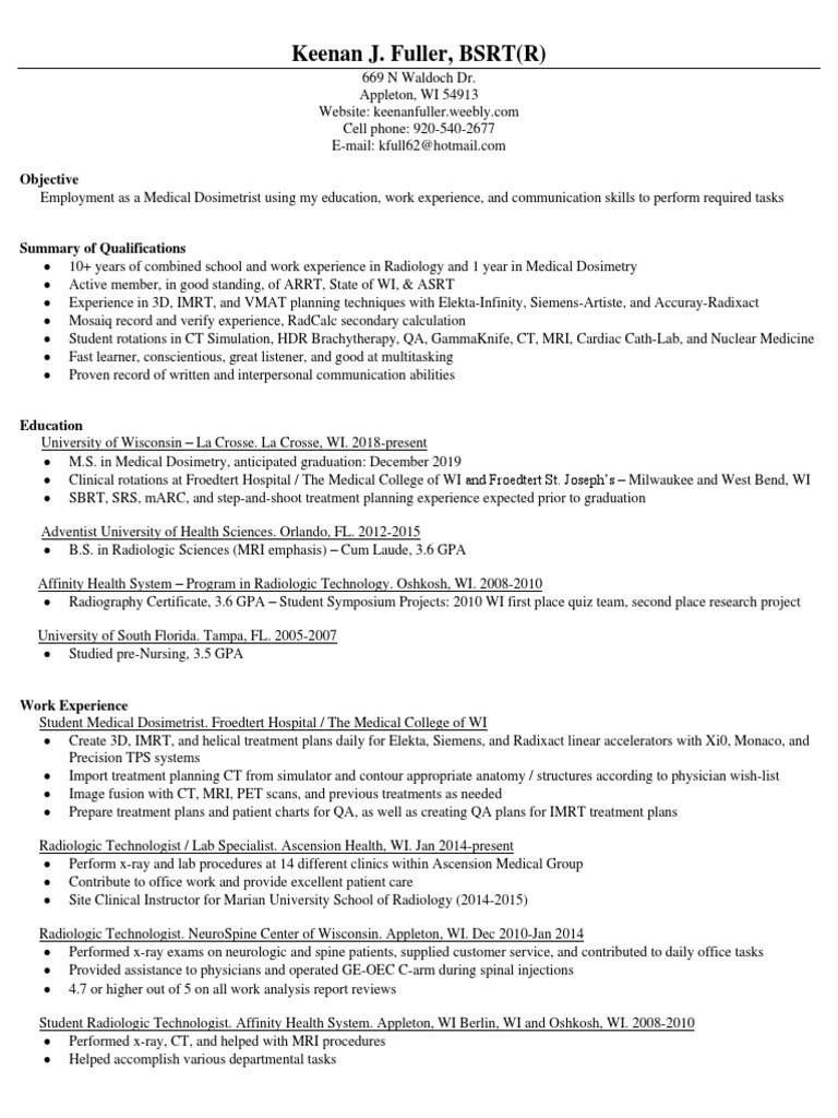 Sample Objectives In Resume for Radiologic Technologist Dosimetry Resume Pdf Radiology Radiography