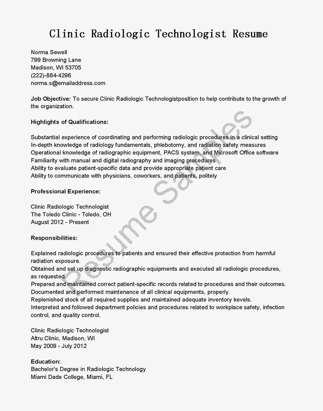 Sample Objectives In Resume for Radiologic Technologist Radiographer Resume Example October 2021