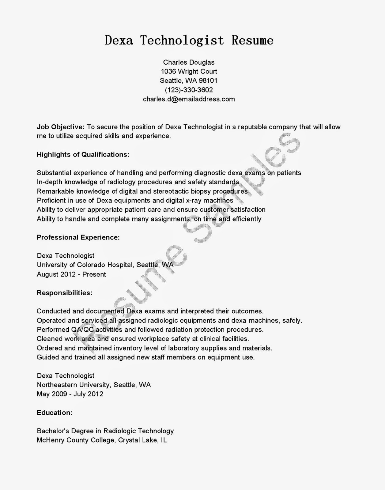 Sample Objectives In Resume for Radiologic Technologist Sample Resume for Radiologic Technologist