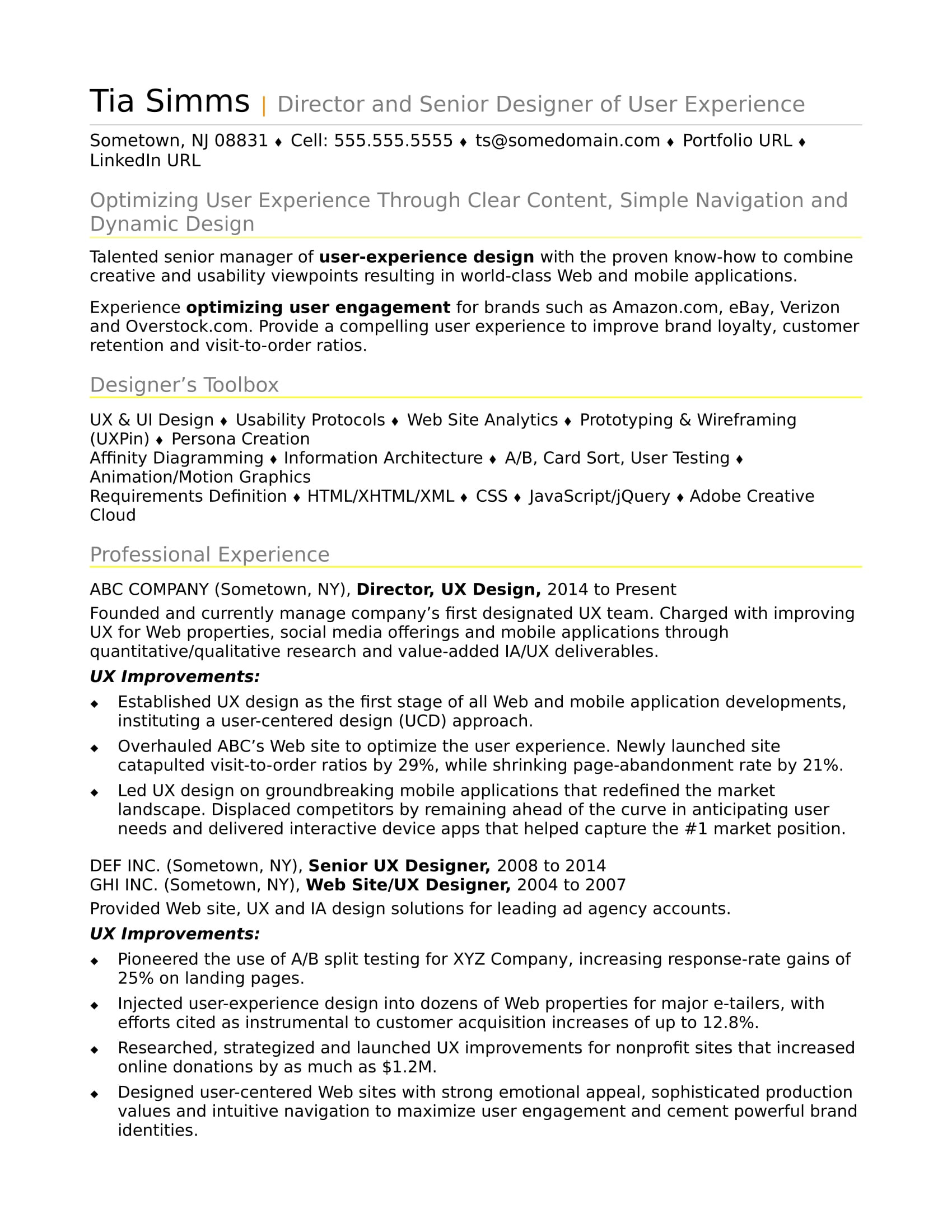 Sample Of Resume for Experienced Person Sample Resume for An Experienced Ux Designer Monster.com