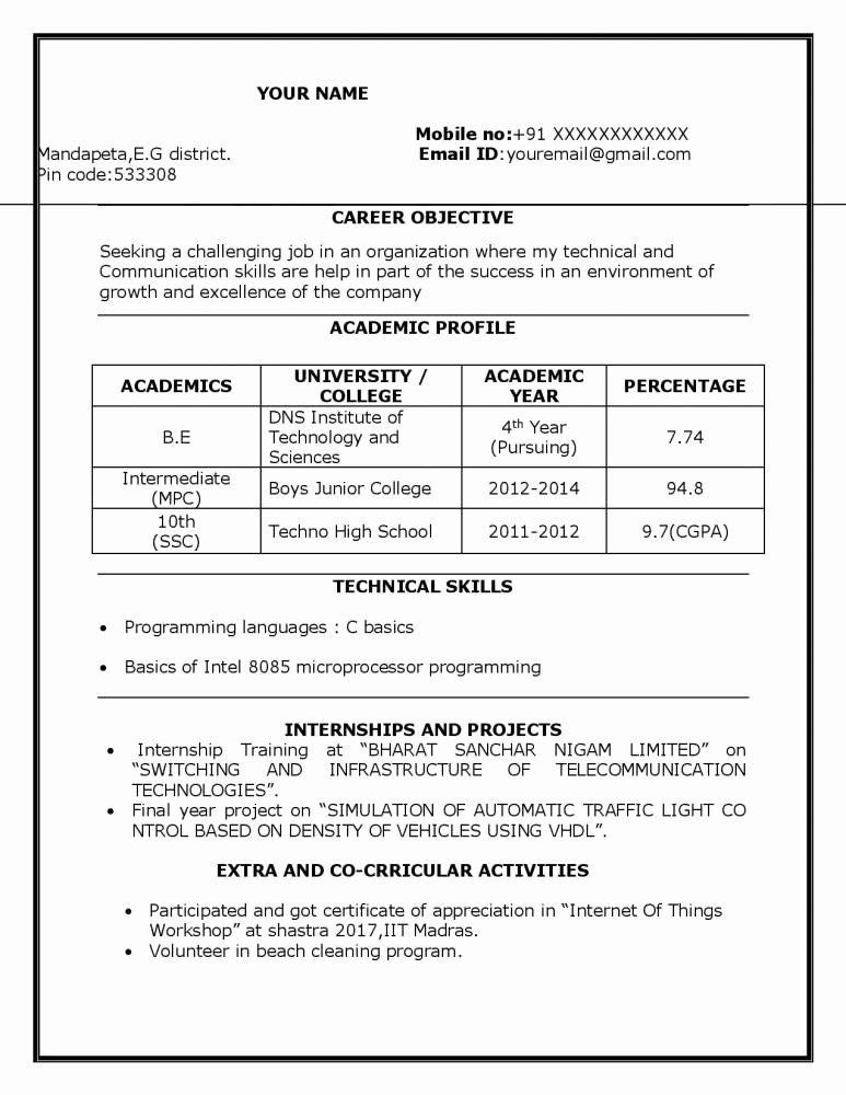 Sample Resume for assistant Professor In Engineering College for Freshers Sample Resume for Freshers Elegant Sample Resume for B