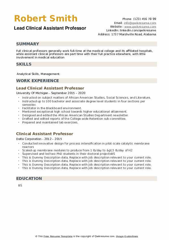 Sample Resume for assistant Professor Management Clinical assistant Professor Resume Samples
