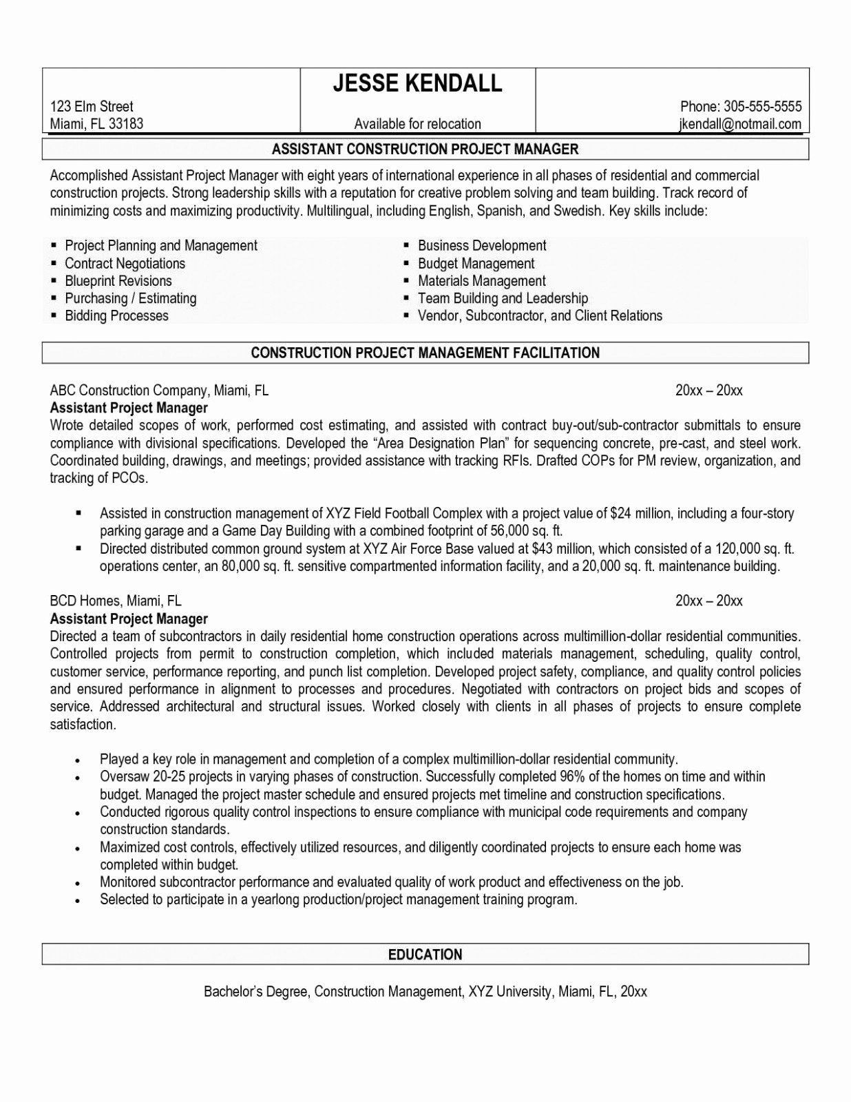 Sample Resume for assistant Project Manager Construction assistant Manager Resume Sample Inspirational Project Manager …