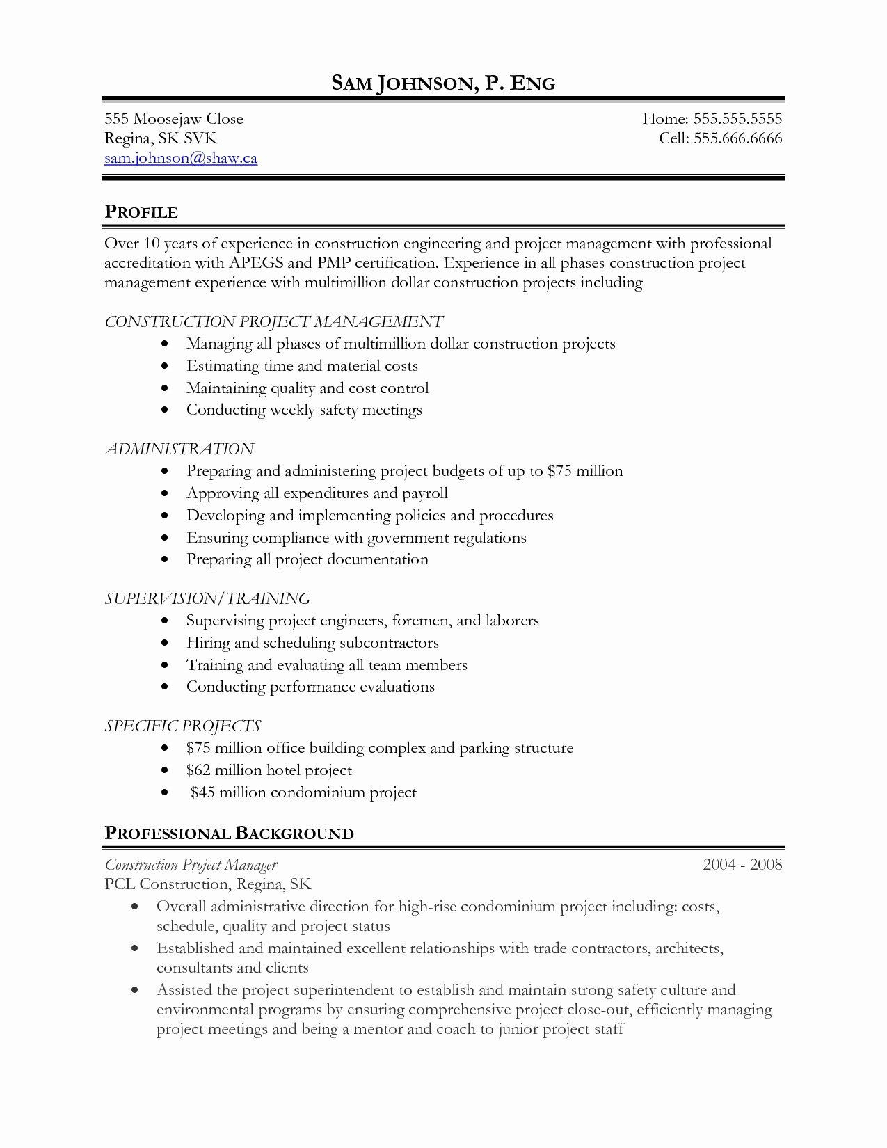 Sample Resume for assistant Project Manager Construction assistant Project Manager Resume New Construction Project Manager …