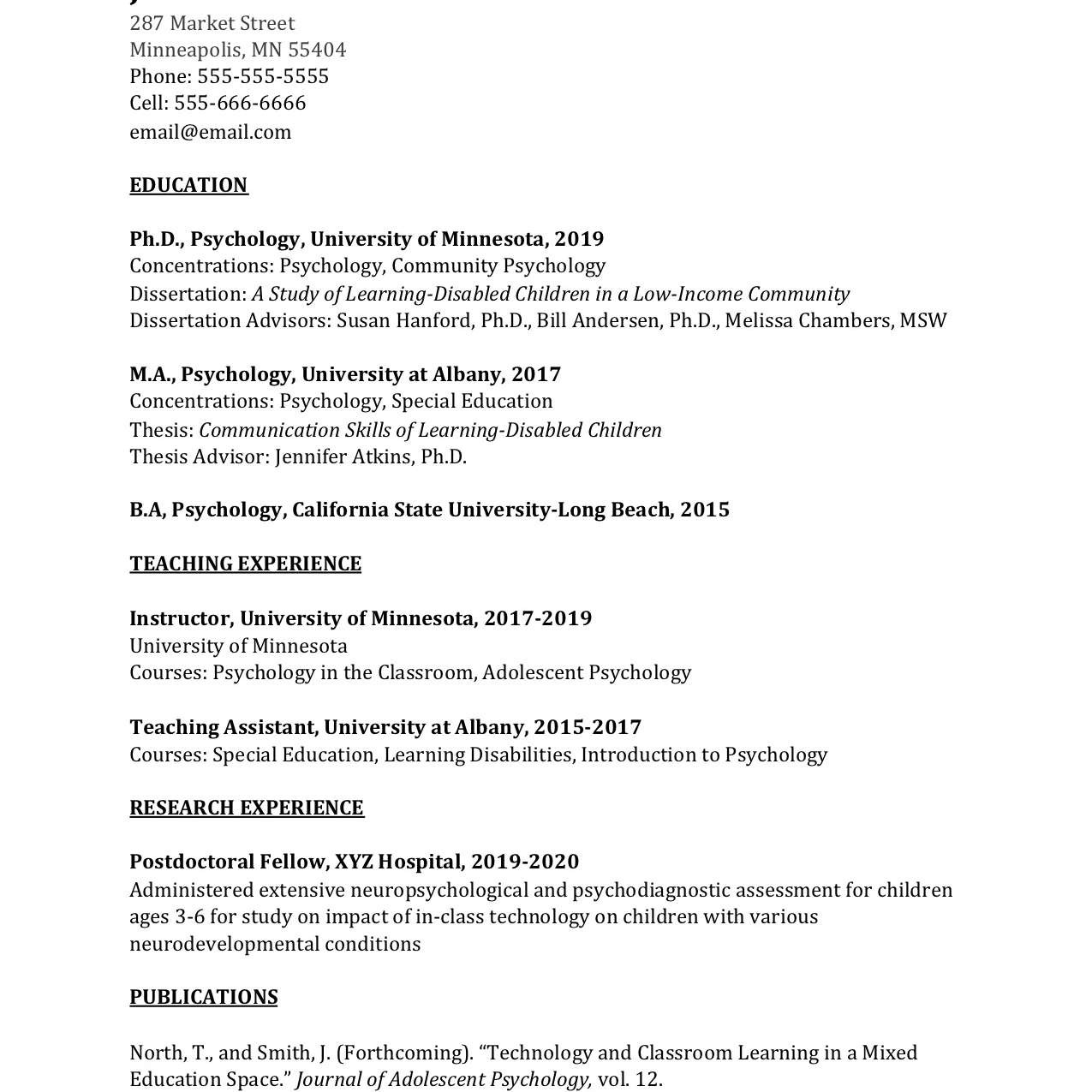 Sample Resume for College Instructor Position Academic Curriculum Vitae (cv) Example and Writing Tips