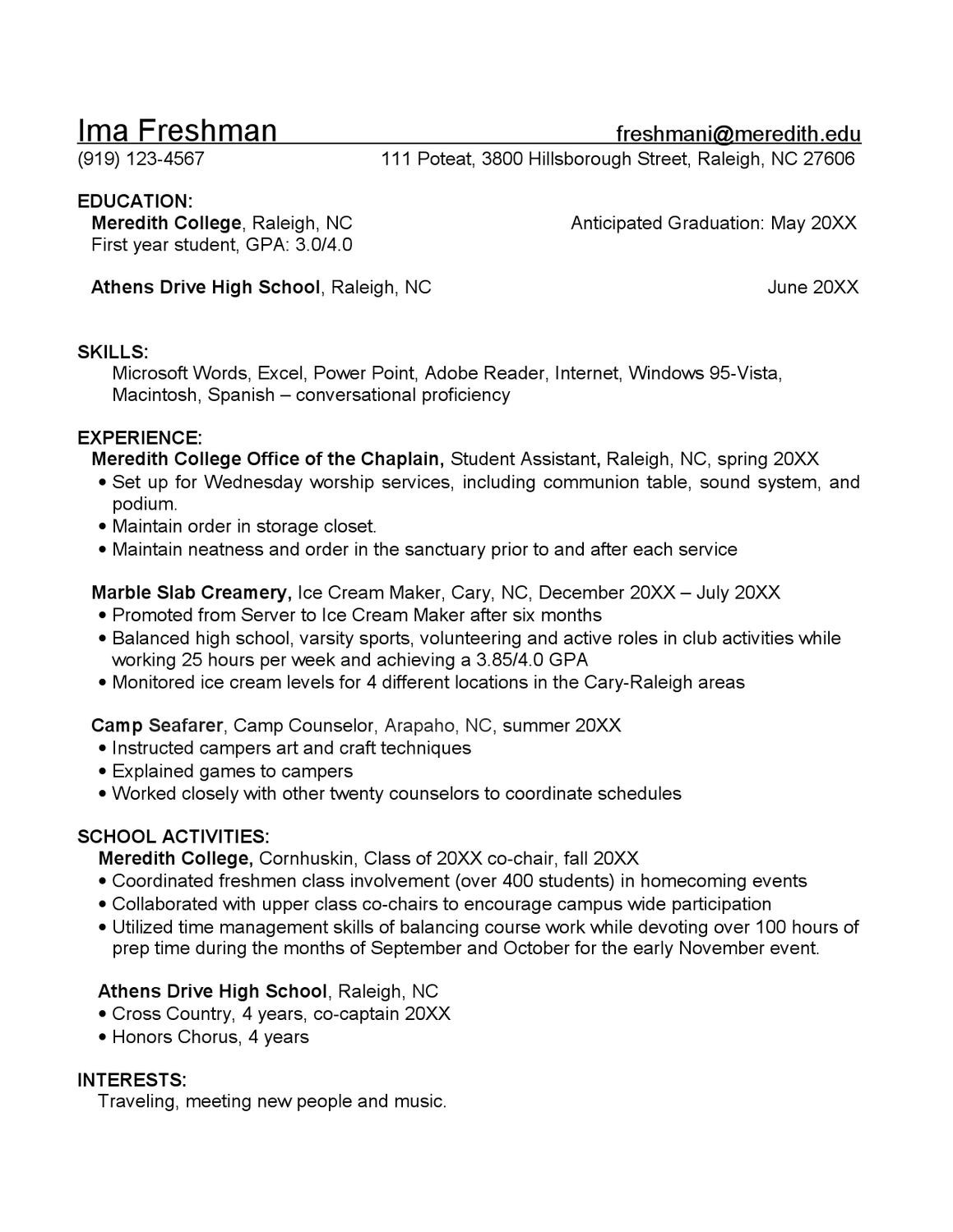 Sample Resume for First Year College Student Freshman Resume Sample by Meredith College Academic & Career …