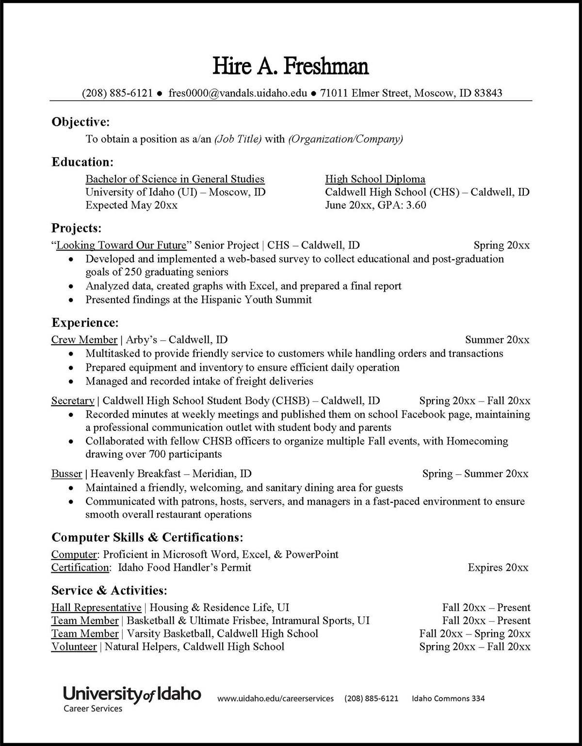 Sample Resume for First Year College Student Resumes and Cvs – Career Services – University Of Idaho