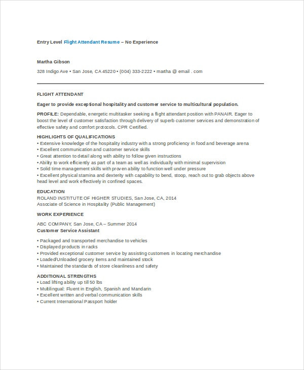 Sample Resume for Flight attendant with No Experience 6 Flight attendant Resume Templates Pdf Doc