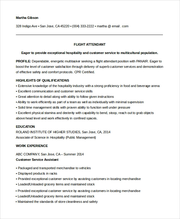 Sample Resume for Flight attendant with No Experience Free 6 Sample Flight attendant Resume Templates In Pdf