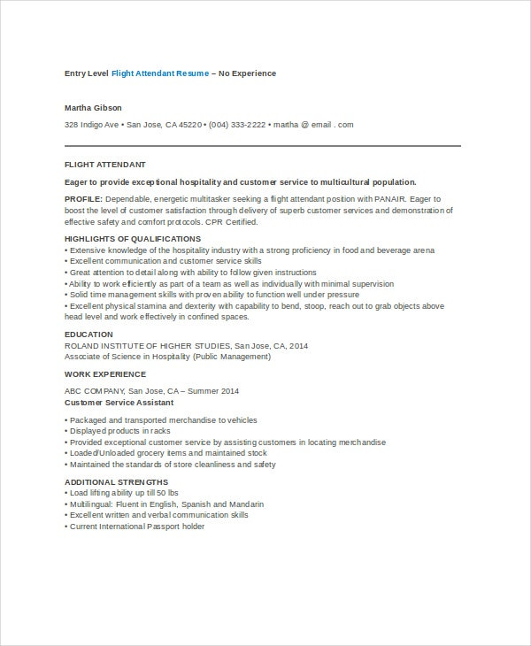 Sample Resume for Flight attendant with No Experience Pdf 6 Flight attendant Resume Templates Pdf Doc