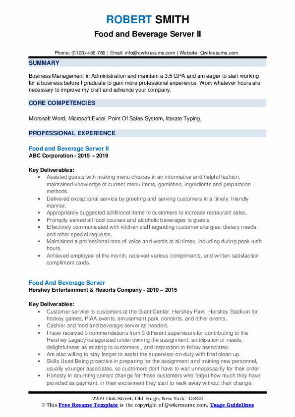 Sample Resume for Food and Beverage Server Food and Beverage Server Resume Samples Sample Resume for Food and Beverage Server Food and Beverage Server Resume Samples
