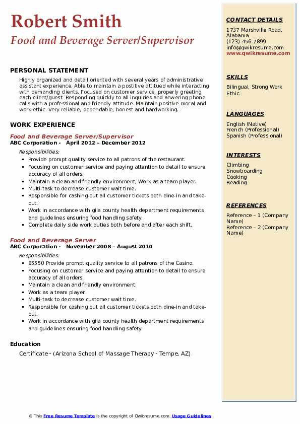 Sample Resume for Food and Beverage Server Food and Beverage Server Resume Samples