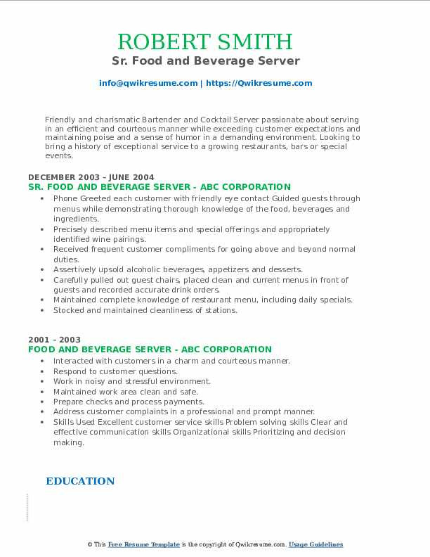 Sample Resume for Food and Beverage Server Food and Beverage Server Resume Samples