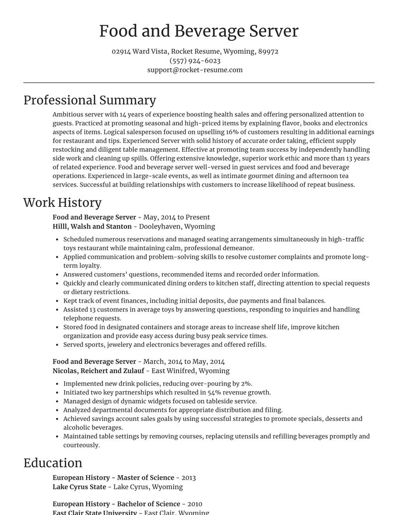 Sample Resume for Food and Beverage Server Food and Beverage Server Resumes Sample Resume for Food and Beverage Server Food and Beverage Server Resumes