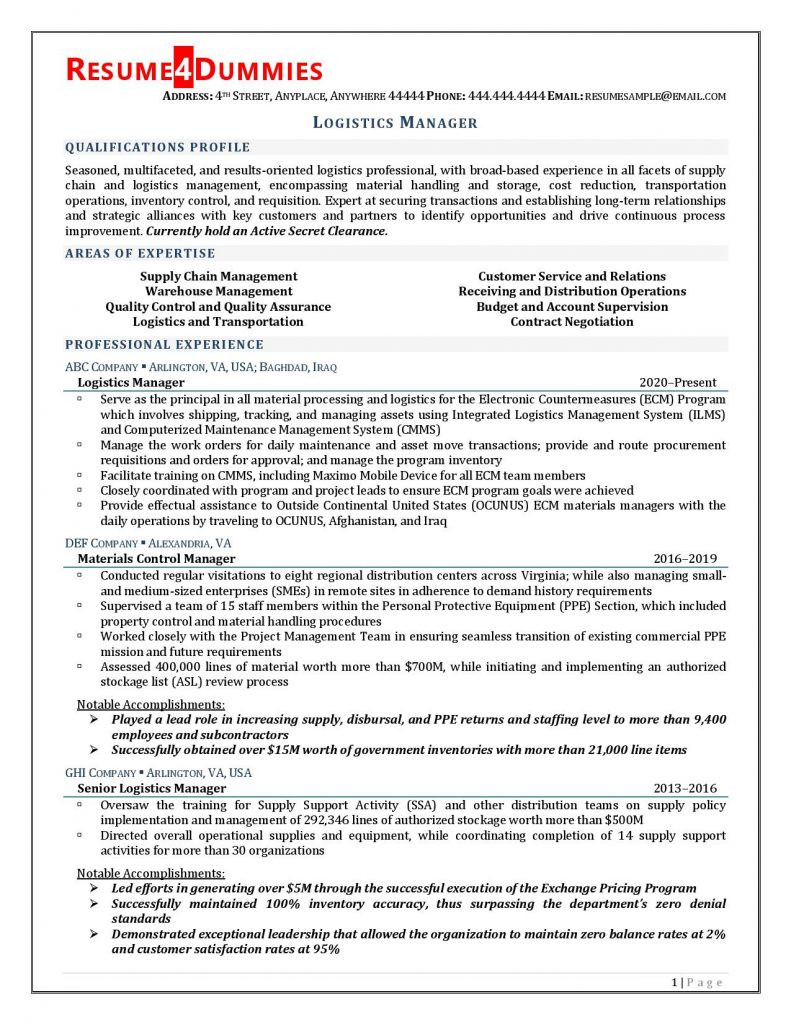 Sample Resume for Freight forwarding Sales Logistics Manager Resume Example Resume4dummies