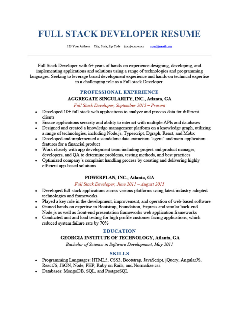 Sample Resume for Full Stack Developer Full Stack Developer Resume