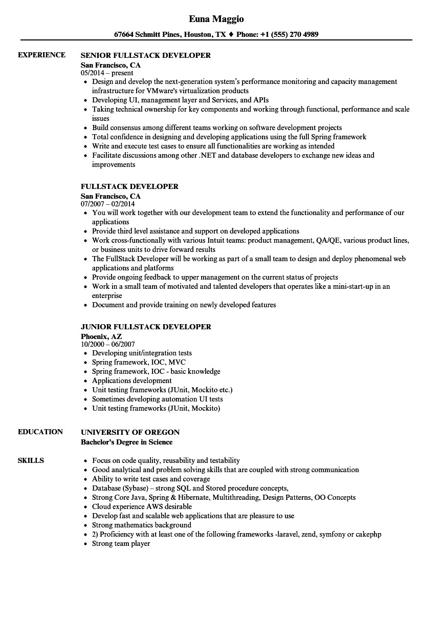 Sample Resume for Full Stack Developer Java Full Stack Developer Resume Sample