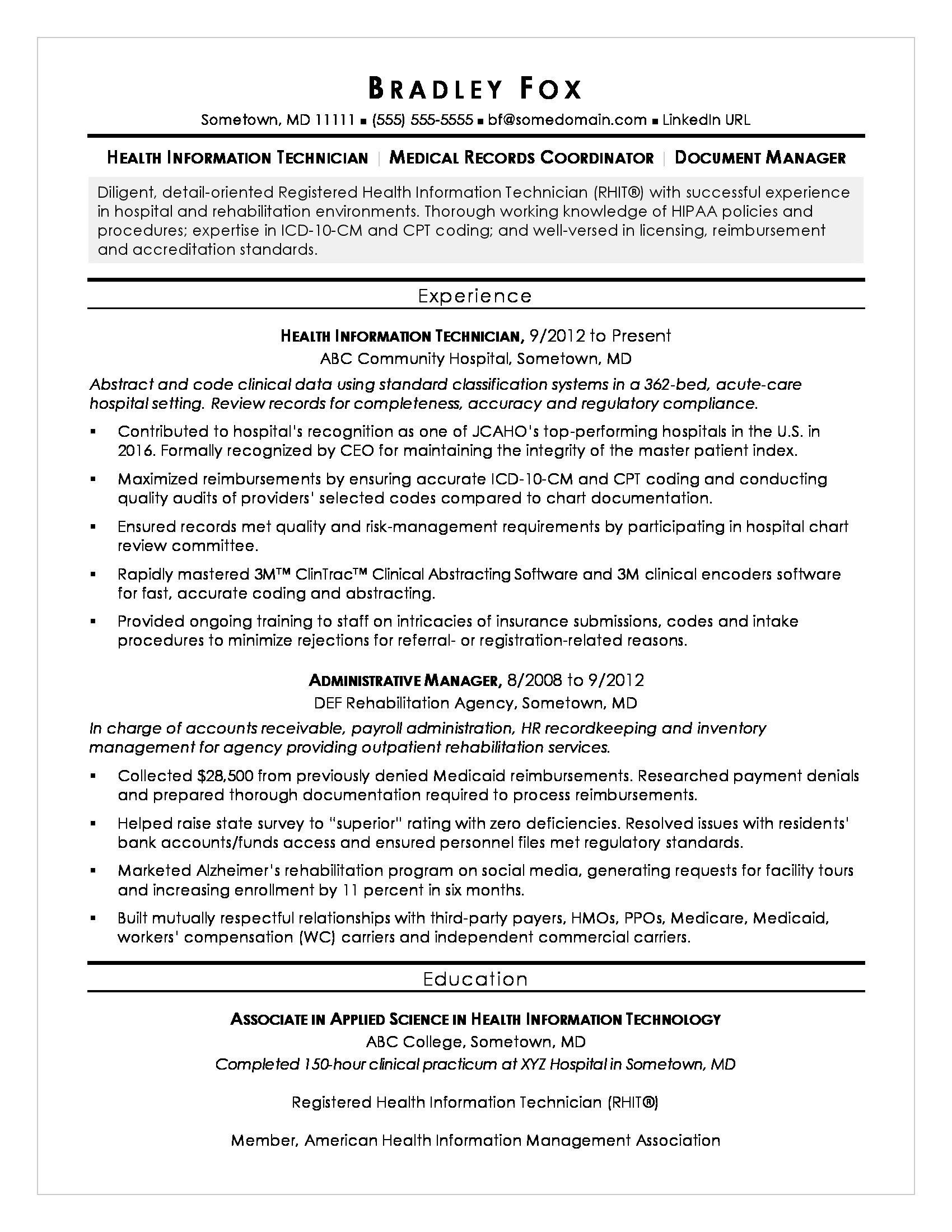 Sample Resume for Health Information Management Health Information Technician Sample Resume