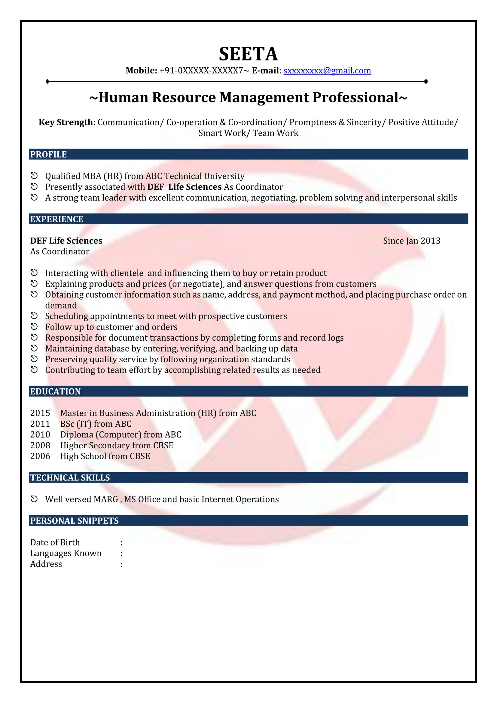 Sample Resume for Hr Executive Freshers Hr Fresher Sample Resumes, Download Resume format Templates!