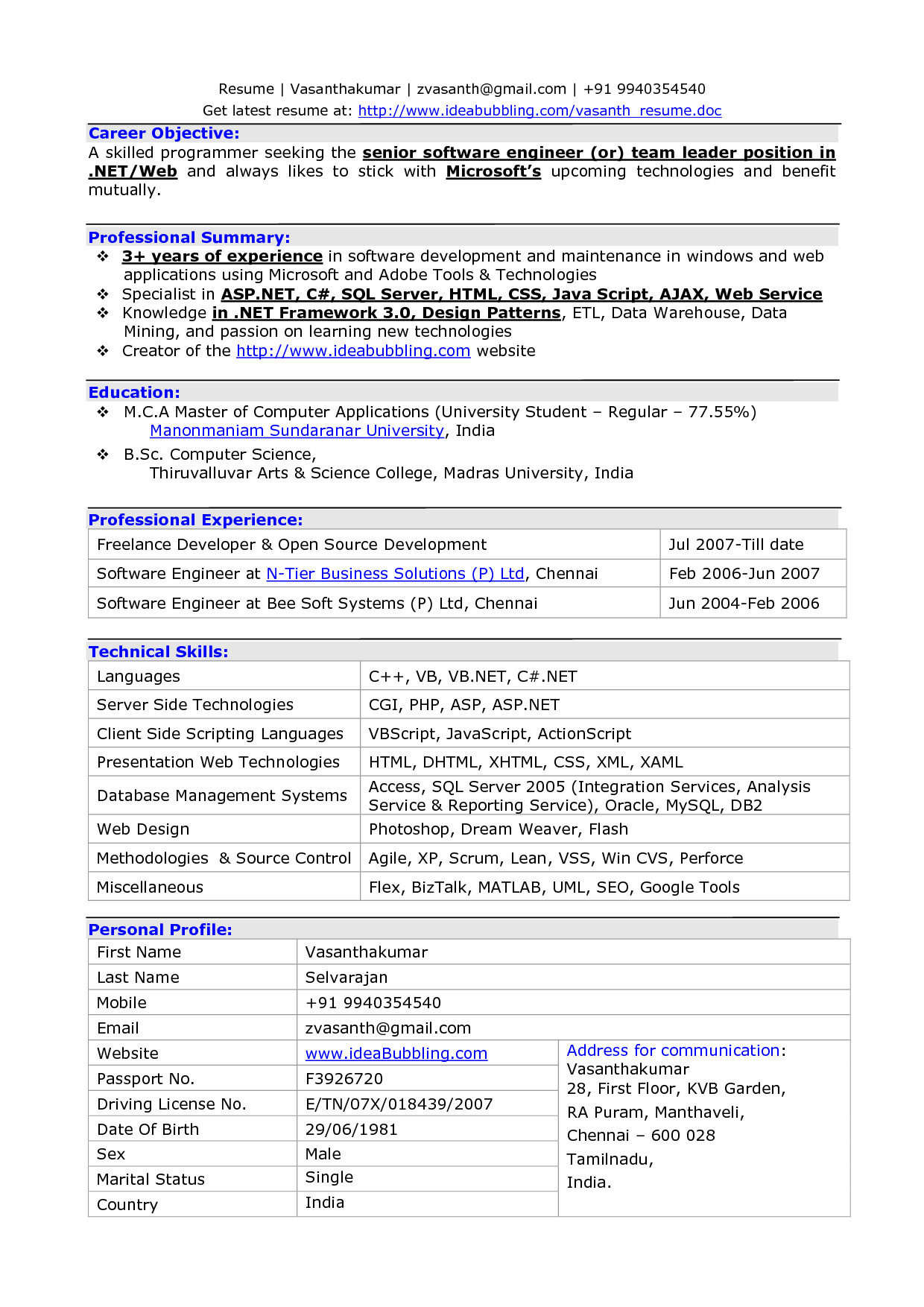 Sample Resume for One Year Experienced software Engineer Resume Experienced software Engineer
