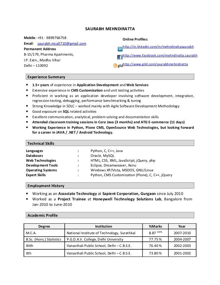 Sample Resume for One Year Experienced software Engineer Resume format 1 Year Experienced software Engineer