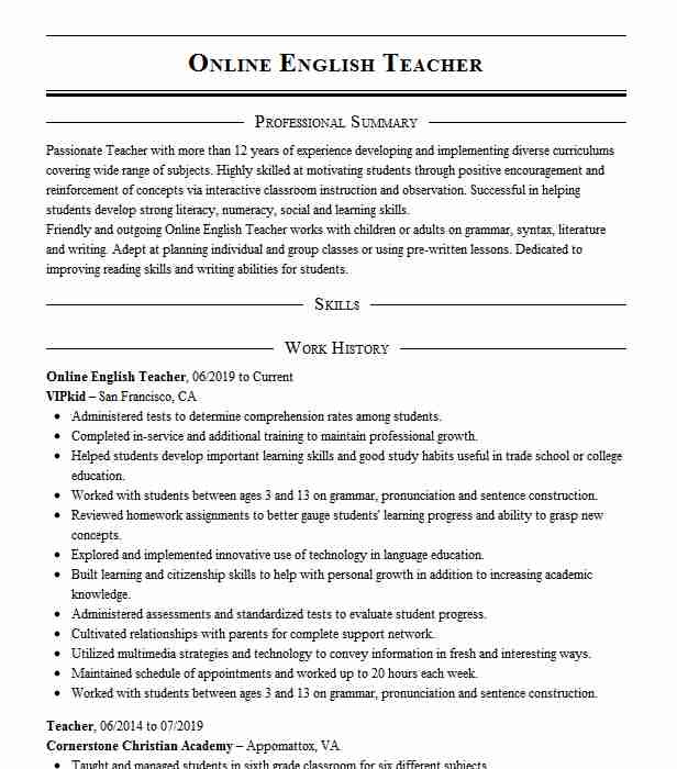 Sample Resume for Online English Teacher Line English Teacher Resume Example Vipkid Euless Texas