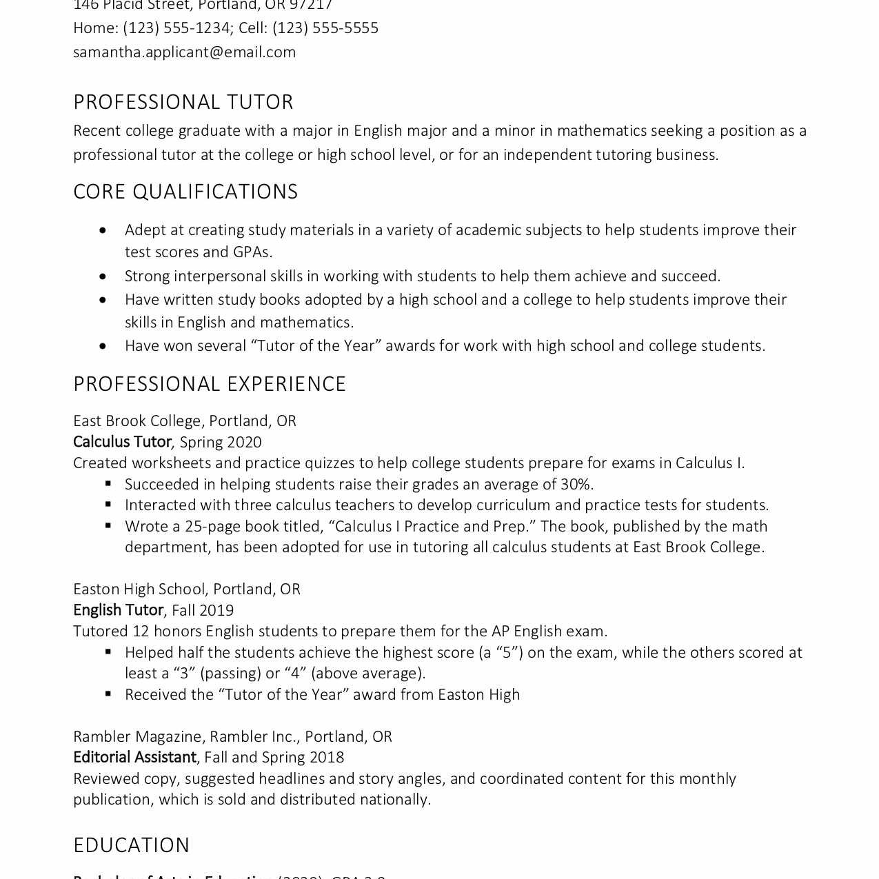 Sample Resume for Online English Tutor without Experience Tutor Resume and Cover Letter Examples