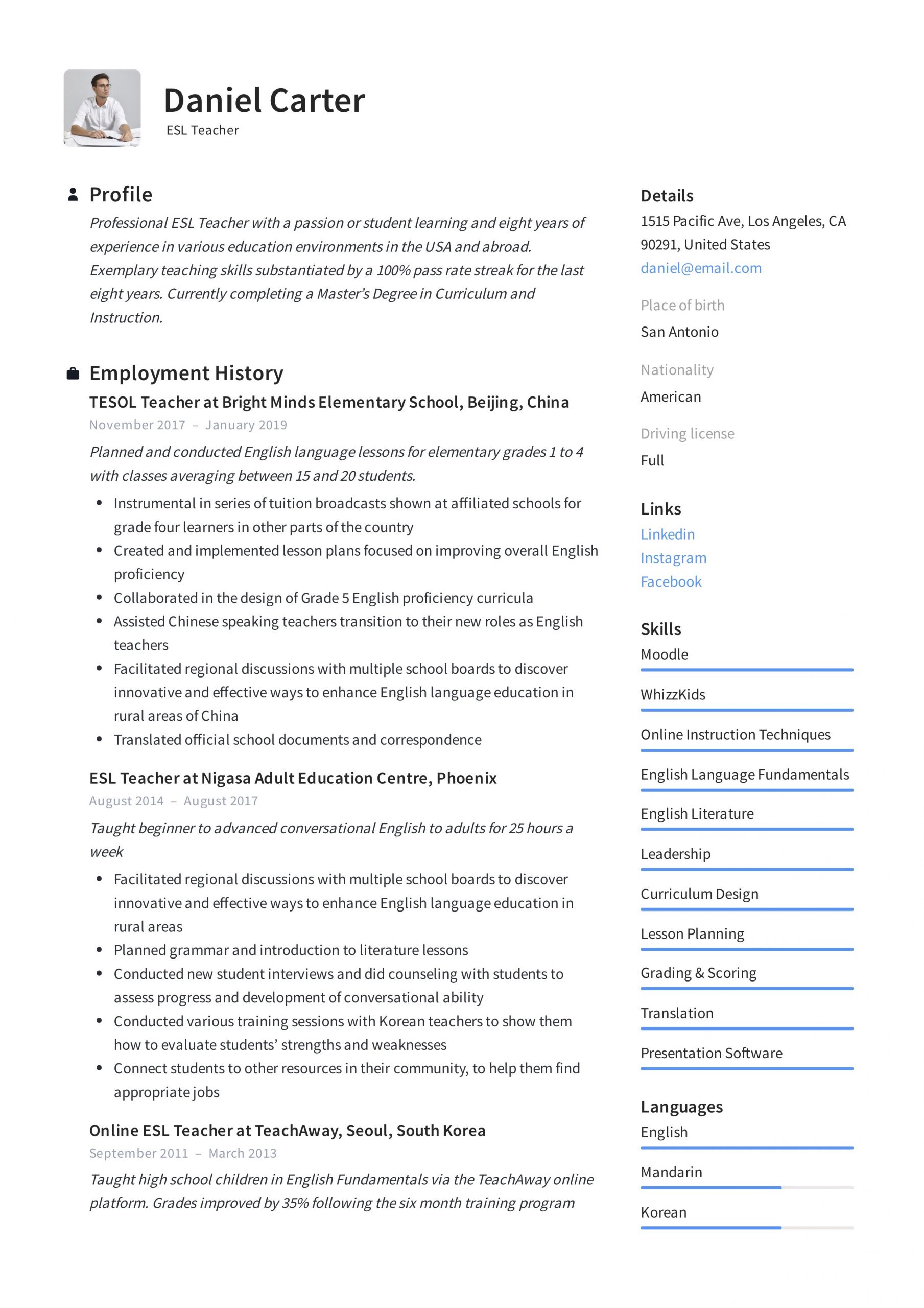 Sample Resume for Online Esl Teacher 19 Esl Teacher Resume Examples & Writing Guide 2020