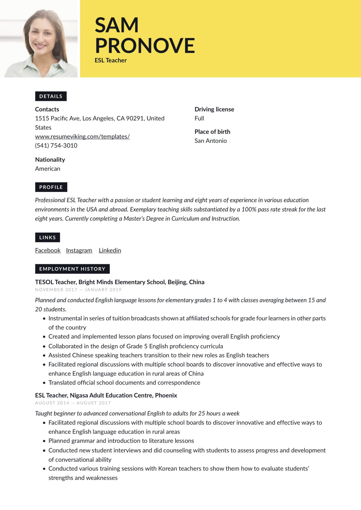 Sample Resume for Online Teaching Position 19 Esl Teacher Resume Examples & Writing Guide 2020