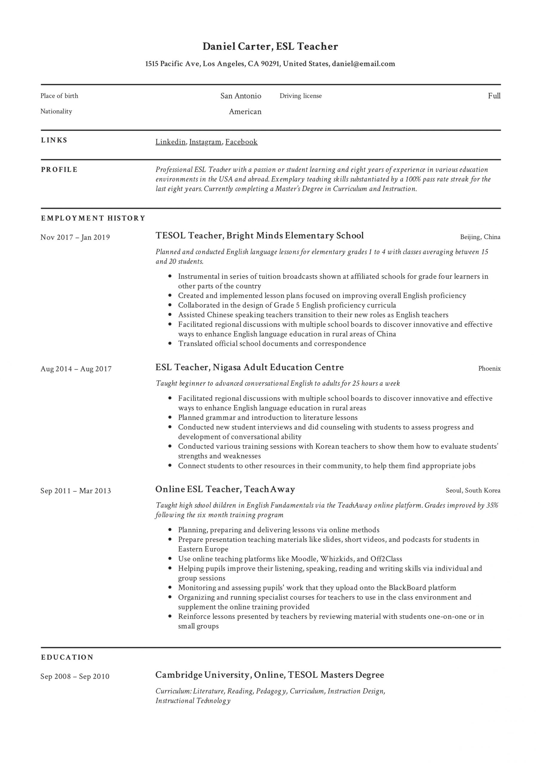 Sample Resume for Online Teaching Position 19 Esl Teacher Resume Examples & Writing Guide 2020