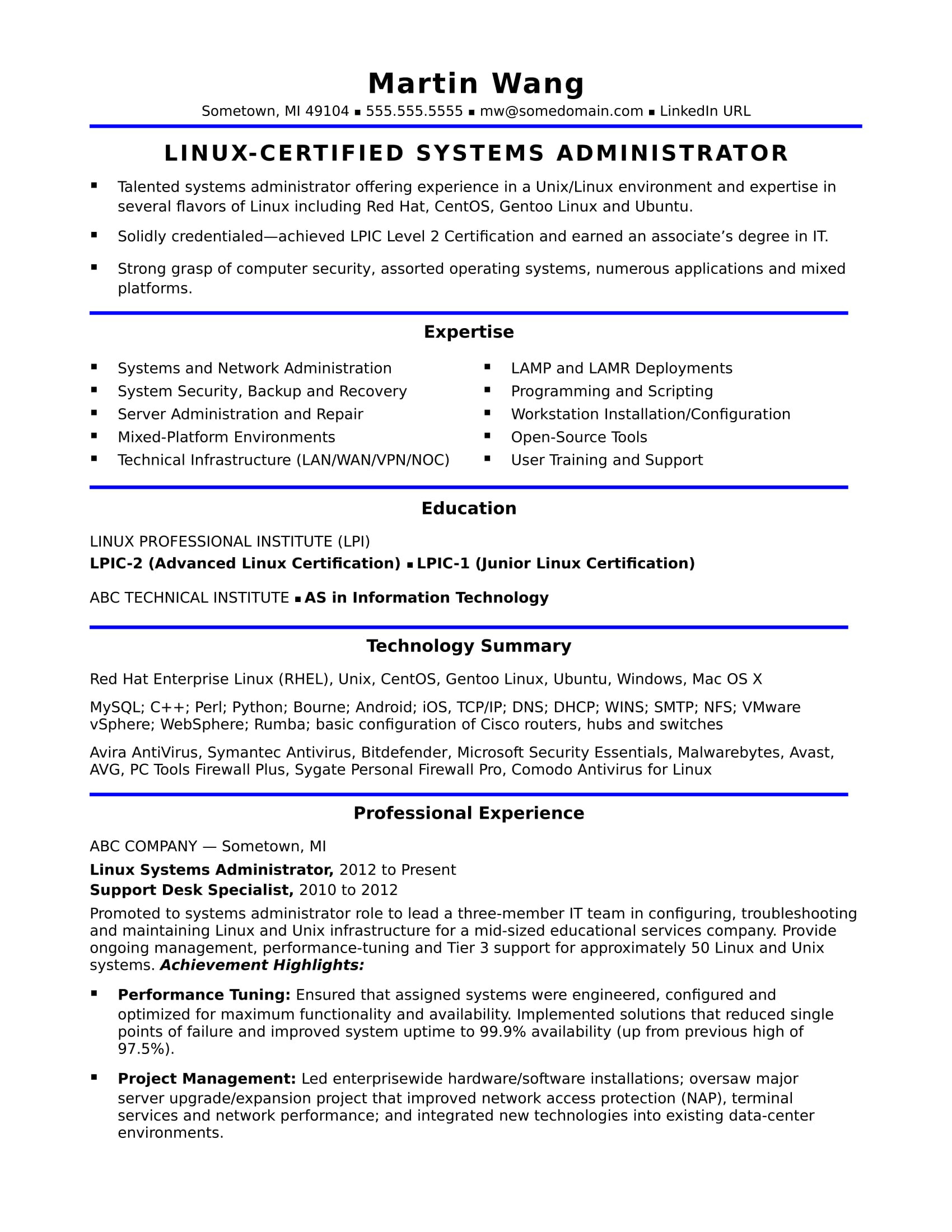 Sample Resume for Unix System Administrator Sample Resume for A Midlevel Systems Administrator Monster.com