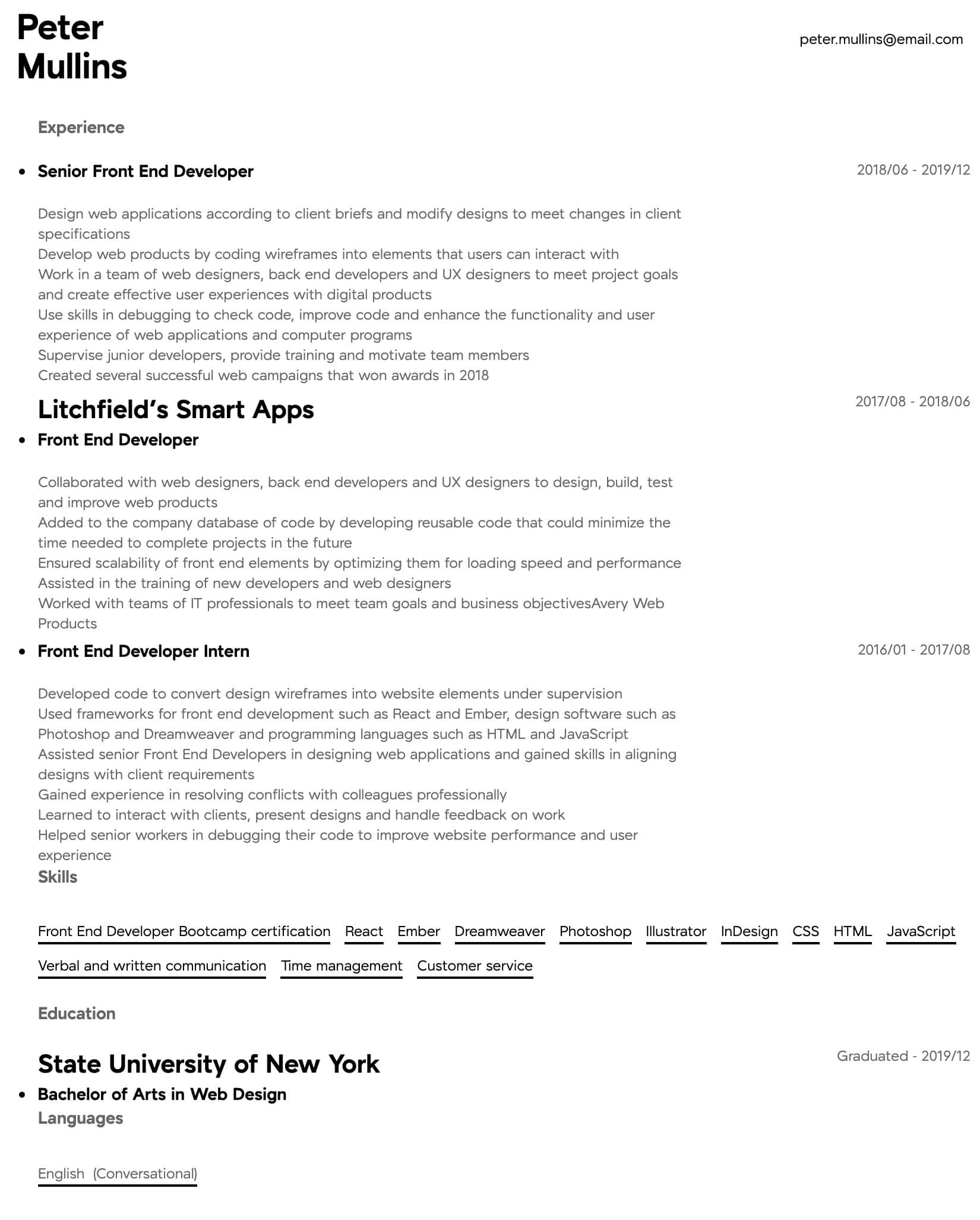 Sample Resume Front End Web Developer Front End Developer Resume Samples All Experience Levels …