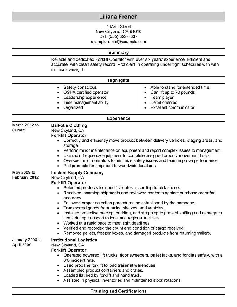 Sample Resume Objectives for forklift Operator Best forklift Operator Resume Example Livecareer Job Seeking Tips …