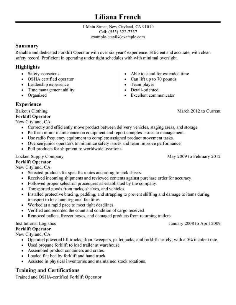 Sample Resume Objectives for forklift Operator Best forklift Operator Resume Example Livecareer Resume …