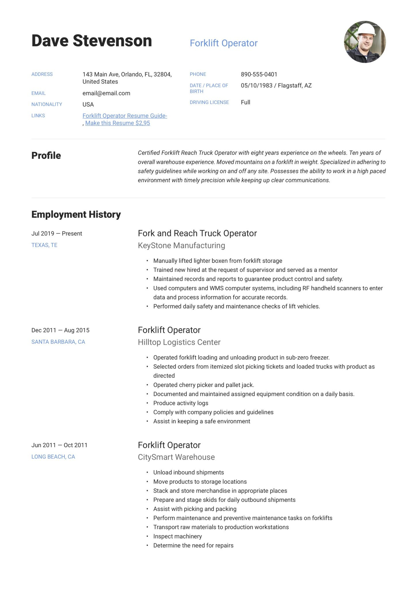 Sample Resume Objectives for forklift Operator Resume forklift Operator & Writing Guide 17 Examples Pdf & Word