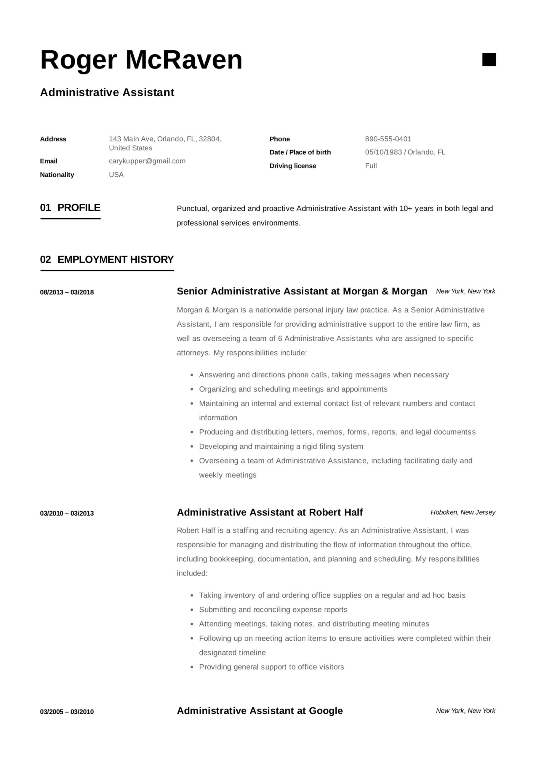 Sample Resume Profile for Administrative assistant Administrative Law Examples