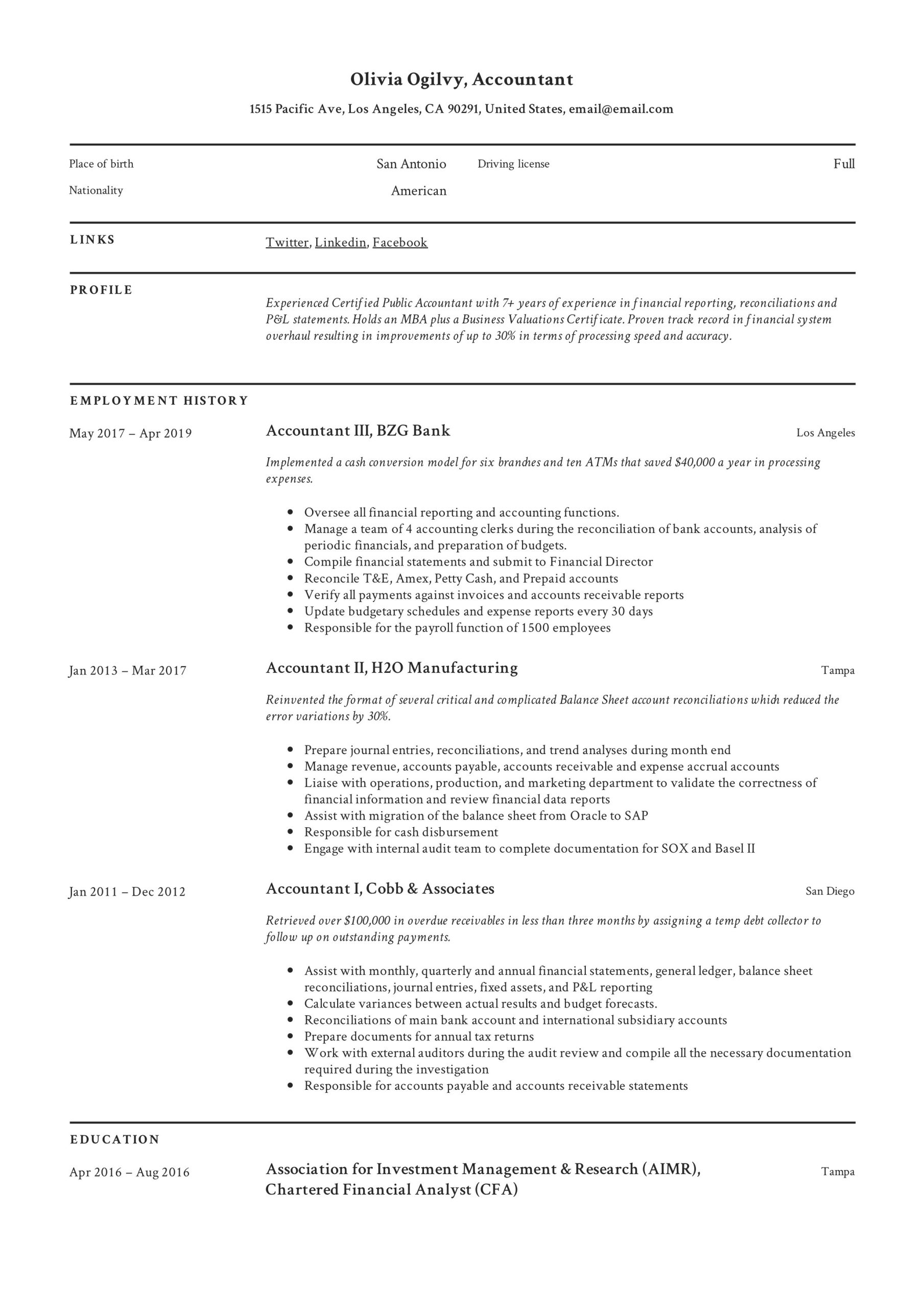 1 Year Experience Resume Sample for Accountant Accountant Resume & Writing Guide  12 Resume Templates Pdf 2022