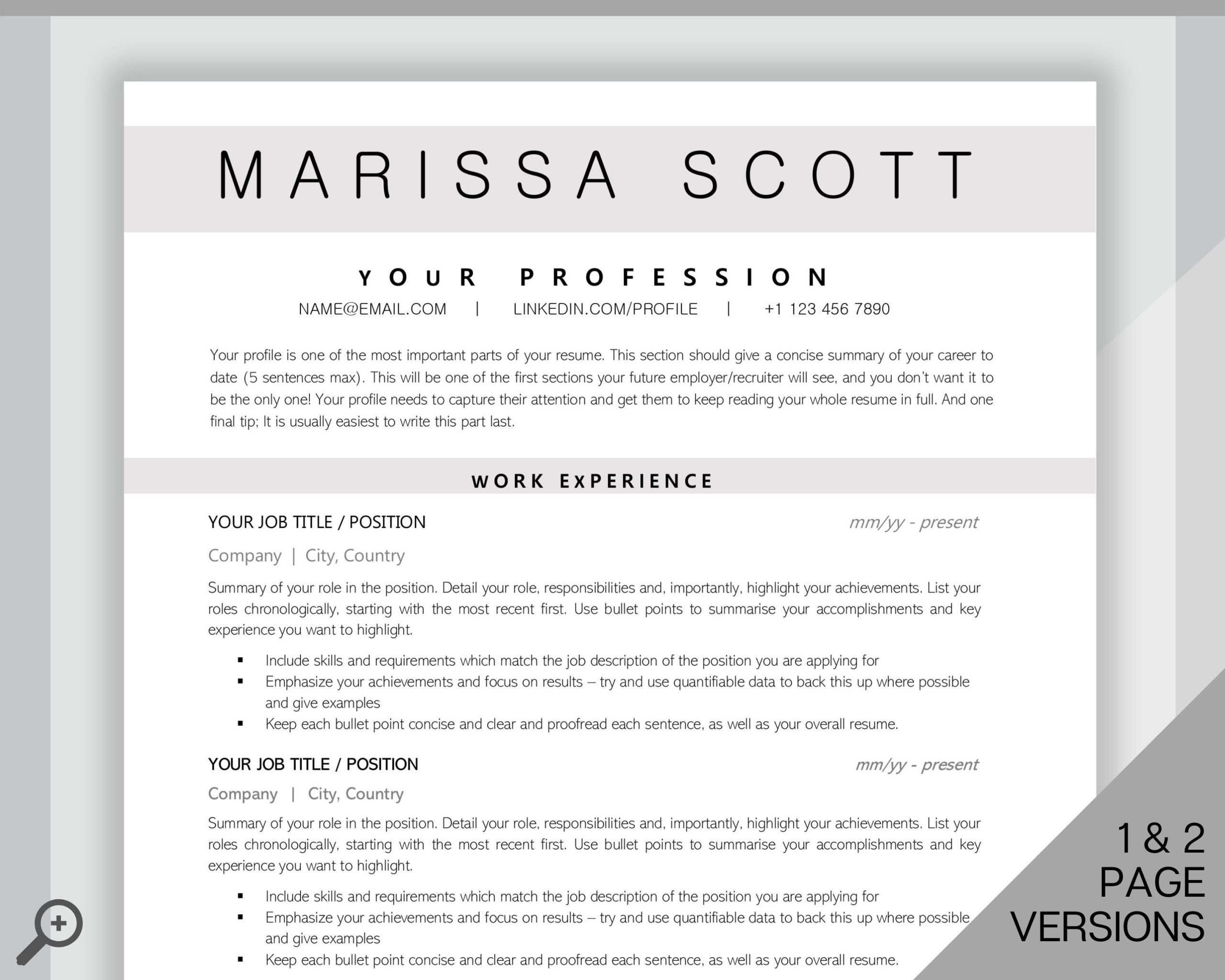 Back Page Of Resume Work Sample Professional Resume Template Word. Cv Template Professional – Etsy.de