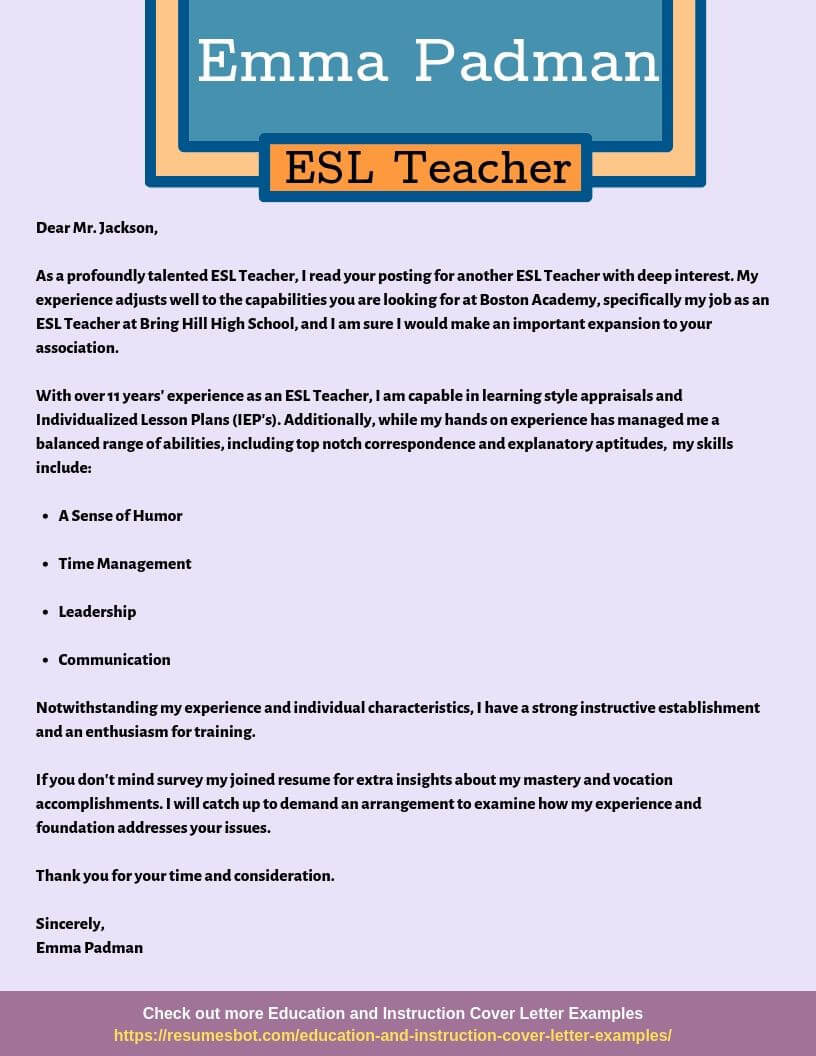 Cover Letter and Resume Template for Teachers Esl Teacher Cover Letter Samples & Templates [pdflancarrezekiqword] 2021 Esl …