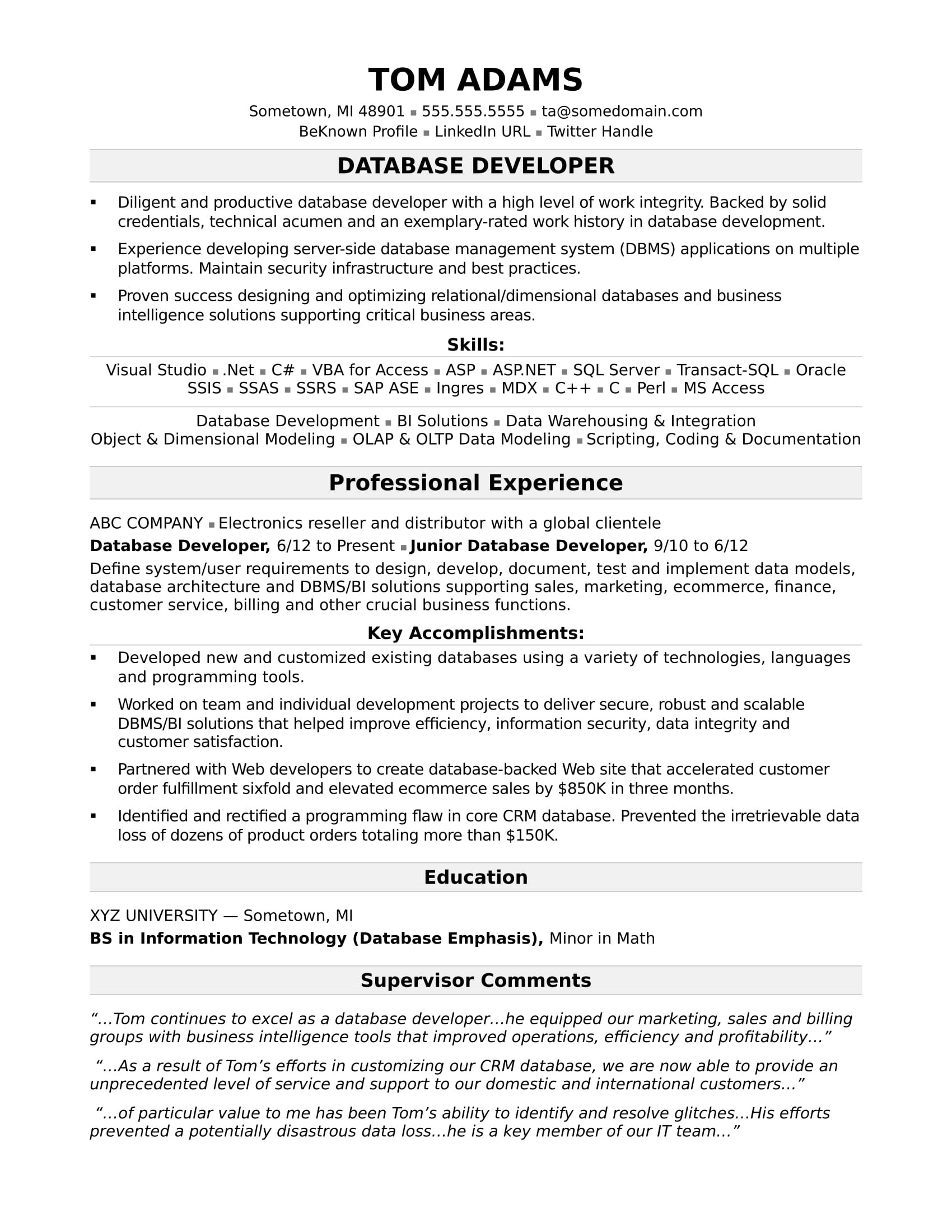 Database Developer Resume Sample Entry Level Sample Resume for A Midlevel It Developer Monster.com