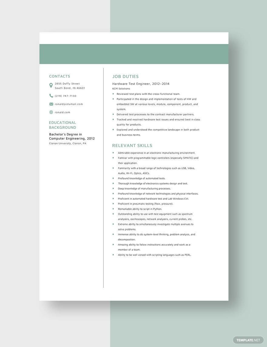 Electronics Hardware Testing Engineer Resume Sample Free Free Hardware Test Engineer Resume Template – Word, Apple …